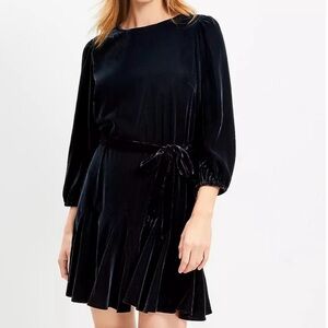 LOFT Black Velvet Godet Mini Fit Flare Round Neck Party Dress Size Medium